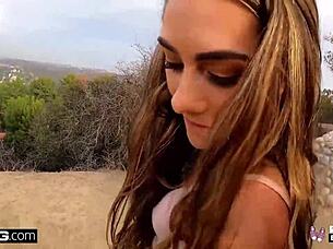 Mackenzie Mace flashes her small tits in public then gets rough hardcore sex at the hotel with sloppy blowjob and cowgirl riding big cock