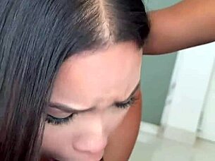 Asian babe invites friend for first threesome, guy cums on both 😍