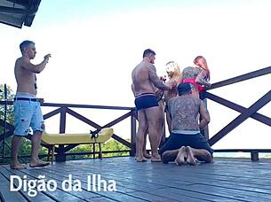 Beautiful redhead blowbang on balcony feels good