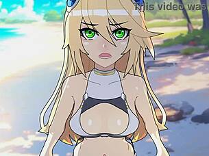 On the beach, blazblue hentai characters get uncensored in 3d cartoon