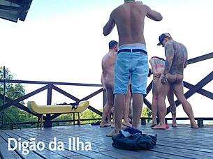 Beautiful redhead blowbang on balcony feels good