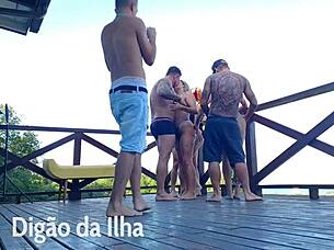 Beautiful redhead blowbang on balcony feels good