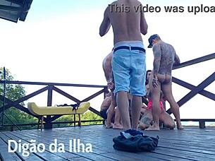 Beautiful redhead blowbang on balcony feels good