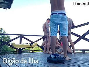 Beautiful redhead blowbang on balcony feels good