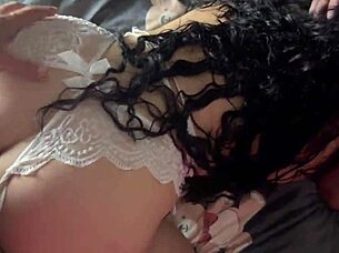 the brunette gets shared in a group threesome, fucked missionary while showing her tits