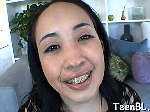 Horny teen teases before sucking cock