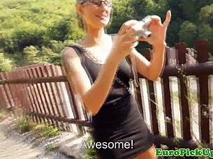 euro slut in glasses gets a facial outdoors 😏