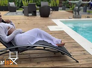 I couldn't hold my load when Kae the brat got her mouth on my big black cock by the pool.