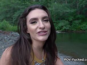 Fucking busty stranger in the nature by the river