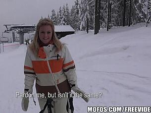 Busty Blonde Skier Paid for Intense Lodge Fuck After Clothes Rip