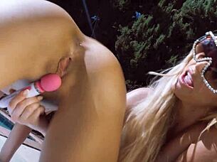 kiki and kayley have a fun lesbian day in bikinis at the pool