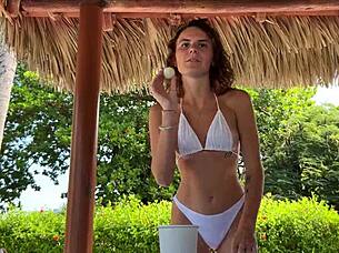 college girls play strip beer pong, flashing big tits in mini bikinis