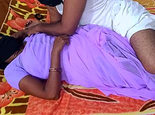 desi indian couple in saree and blouse sharing romantic homemade moments