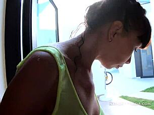 Milf Wife Wears Transparent Wet One-Piece Bikini In Public Pool, Flashing Exhibitionist Style.