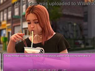 I love this petite red head eating ramen in summer outfit.