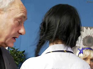 Louise Jenson Masturbates in Group Sex with Shaved Pussy and Nylon Heels!