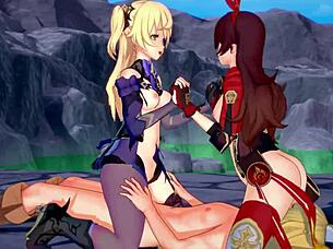 Наслаждаюсь двумя лучницами из Genshin Impact в 3D хентае без цензуры