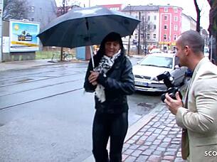 Watch This Mature German Housewife Get Fucked In Leather Leggings During Street Casting!