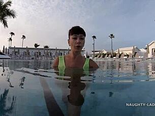 Milf Wife Wears Transparent Wet One-Piece Bikini In Public Pool, Flashing Exhibitionist Style.