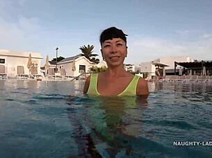 Milf Wife Wears Transparent Wet One-Piece Bikini In Public Pool, Flashing Exhibitionist Style.