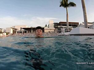 Milf Wife Wears Transparent Wet One-Piece Bikini In Public Pool, Flashing Exhibitionist Style.