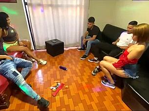 Bisexual Orgy with Two Girls and Three Guys, Cum and Ass Play