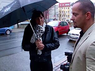 Watch This Mature German Housewife Get Fucked In Leather Leggings During Street Casting!