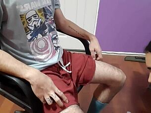 a beautiful geeky girl sucks star wars fan's big cock