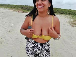 Skinny teen gets fucked by hung men on beach