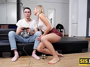Hey, that porn chick convinced my stepbrother to ditch the video game for some shaved pussy riding