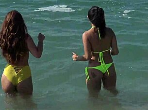 trio on the beach with quickie cowgirl fucking, big cocks and small tits everywhere.