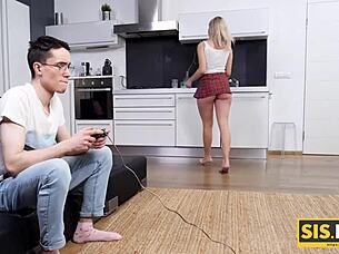 Hey, that porn chick convinced my stepbrother to ditch the video game for some shaved pussy riding
