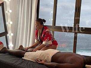 asian masseuse makes black guy cum in latina pussy