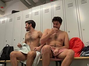 Twink gets caught assfucking in gym changing room. public exhibitionist flashes and moans to orgasm during bathing