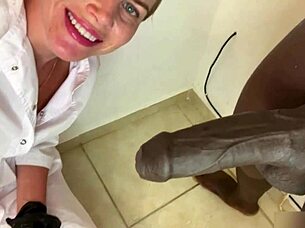 Watch this petite blonde nurse shave his cock raw!