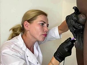 Watch this petite blonde nurse shave his cock raw!