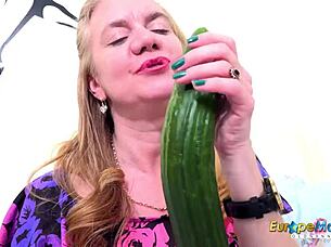 Busty British Mature Woman Engages in Solo Masturbation with Toys, Focusing on Her Big Tits