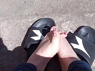 feet basking in the sun before getting a pedicure, ready for fetish play