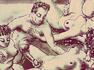 Vintage Erotic Drawings of Anime Cartoon Characters in Retro Antique Style