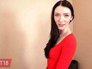 Fit18 casting Celestina Blooms, the blue-eyed Snow White beauty in a fire red bodysuit