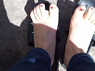 feet basking in the sun before getting a pedicure, ready for fetish play