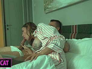 Step son distracts step mom from work for handjob in bed, leading to intense fucking.