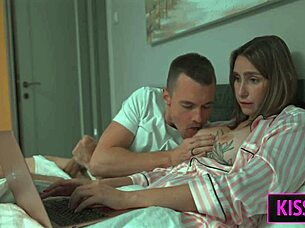 Step son distracts step mom from work for handjob in bed, leading to intense fucking.