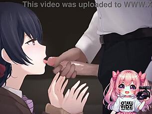 Anime girl kneels to worship cock and swallow cum