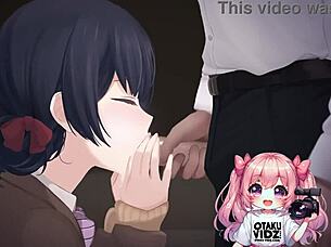 Anime girl kneels to worship cock and swallow cum