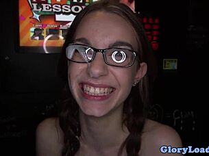 petite spex babe cocksucking at gloryhole