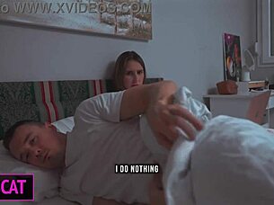 Step son distracts step mom from work for handjob in bed, leading to intense fucking.