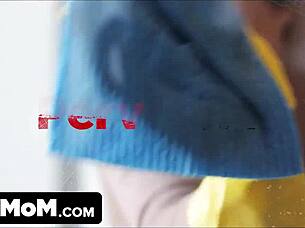 horny stepson returns from juvie and needs his stepmom's juicy pussy for pleasure, with tattoos, fake tits, and cum in mouth.