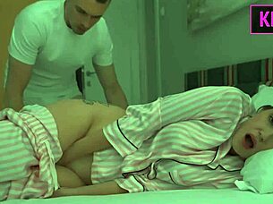 Step son distracts step mom from work for handjob in bed, leading to intense fucking.