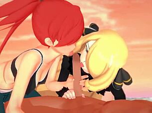 Pokemon Threesome With Flannery And Cynthia On Beach